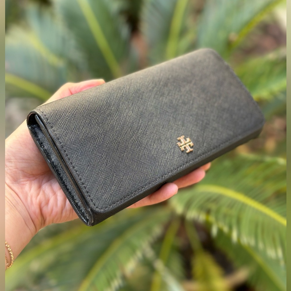 Tory Burch Black Checkbook Wallet long leather gold accents